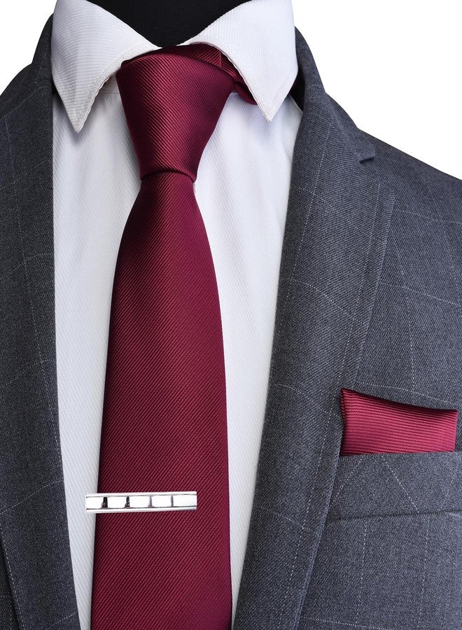 Branduce Solid Burgundy Tie for Men Wedding 8cm Classic Business Silk Wine Red Tie and Pocket Square Set Plain Necktie Handkerchief Clip Set (TA01-06) - Image 2